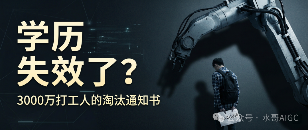 描绘AI与职场冲击的插画：一个背着双肩包的男性仰望巨大的机械臂