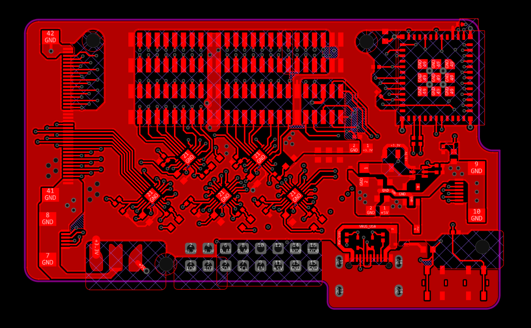 IOX-77 开发板 PCB 布局图,密集排针区域和 I2C 接口焊盘