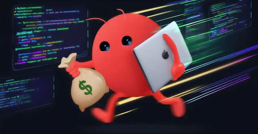 趣味插图：一只手持平板的红色龙虾，背景是编程代码