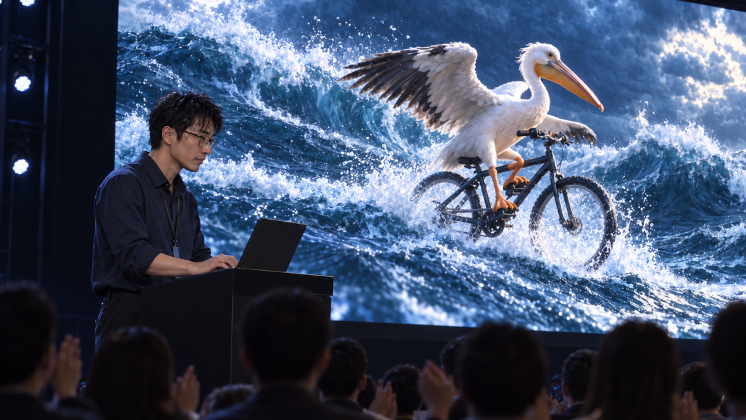 演讲者在舞台大屏幕前展示鹈鹕骑自行车穿行海浪的画面