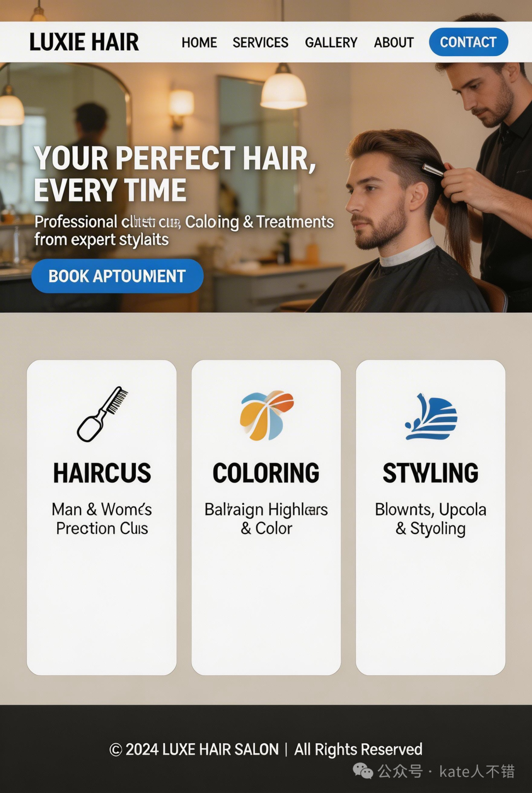 Seedream 5.0 Preview 生成的理发店网站设计图（英文）