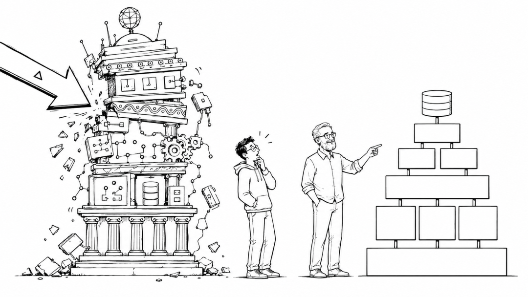 系统架构优化对比图:混乱旧系统与有序金字塔结构