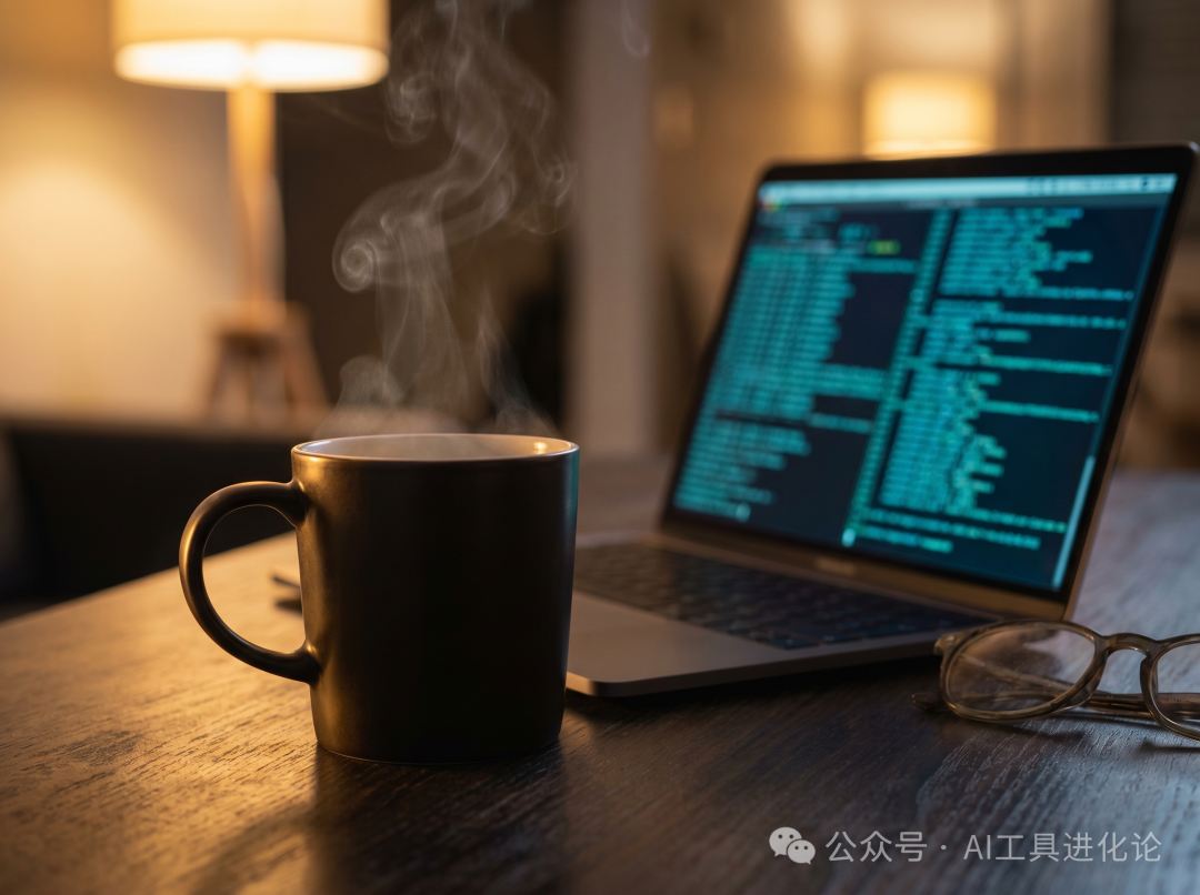 深夜工作场景：一杯热咖啡与亮着代码的笔记本电脑