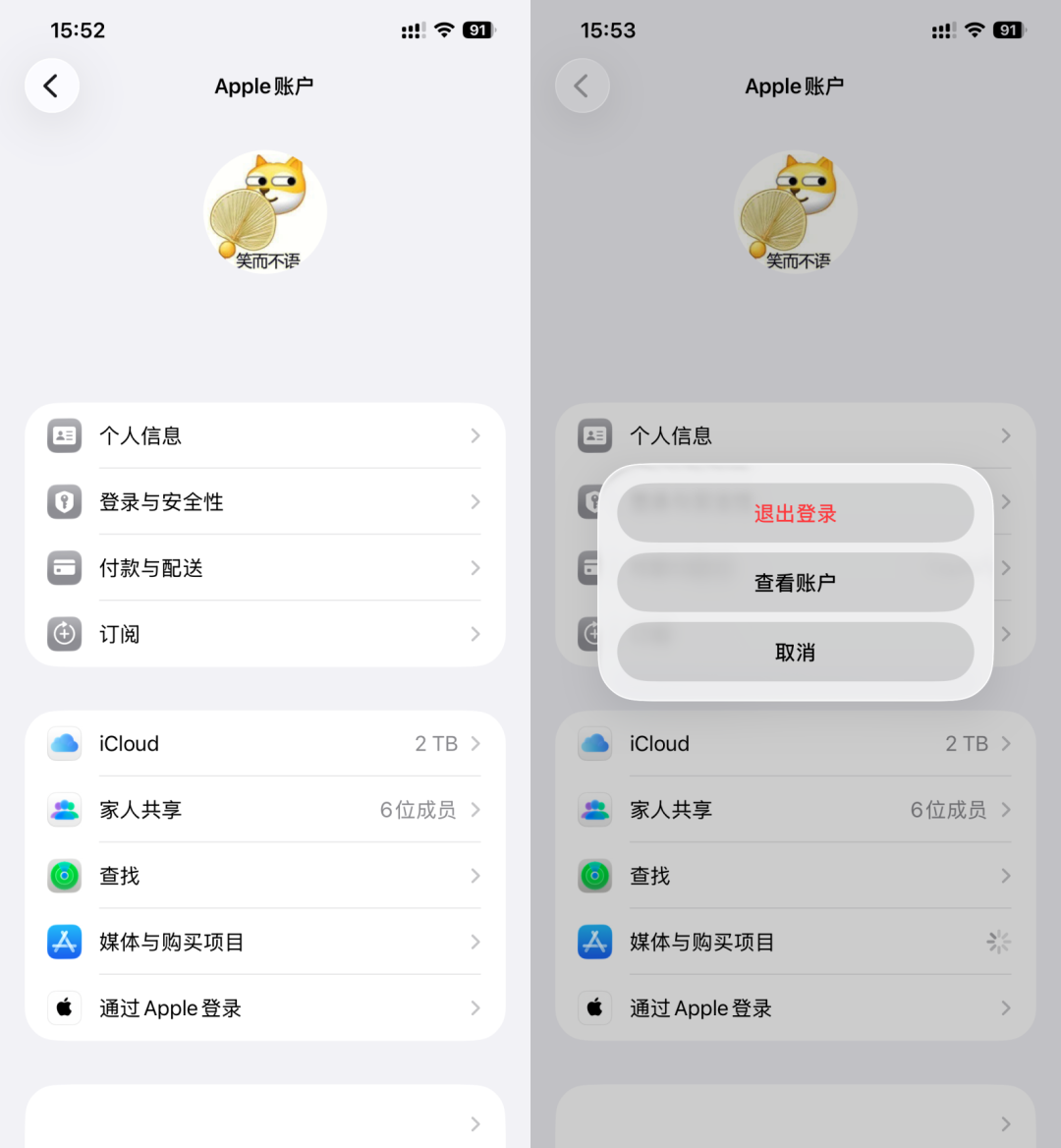系统设置中Apple ID页面截图，点击“媒体与购买项目”后弹出菜单，显示“退出登录”选项