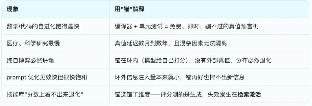 自进化现象与验证锚解释对照表