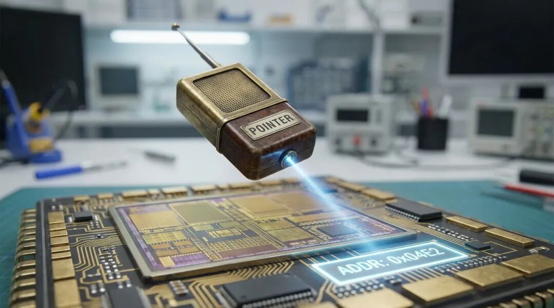 一张科技感十足的图片，展示了一个悬浮在电路板上方的复古风格设备，设备上标有“POINTER”字样，并发射蓝色激光照射在电路板上。电路板上有复杂的金色线路和芯片，右下角显示虚拟文本框“ADDR: 0x04F2”。背景是模糊的实验室环境，可见电子仪器、显示器和工具。