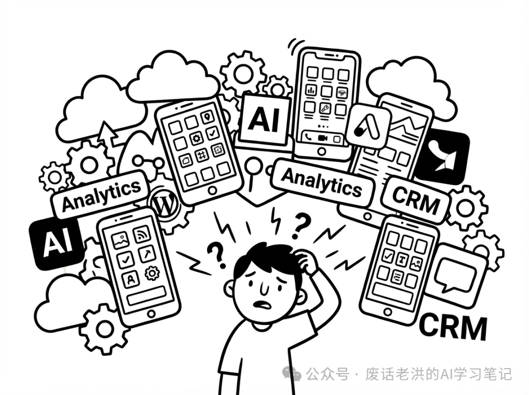 员工面对众多AI工具感到困惑的插画