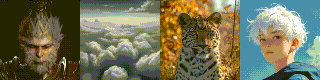 从男性角色、云海、豹子到少年/橘猫/蜘蛛侠的过渡视频效果对比图