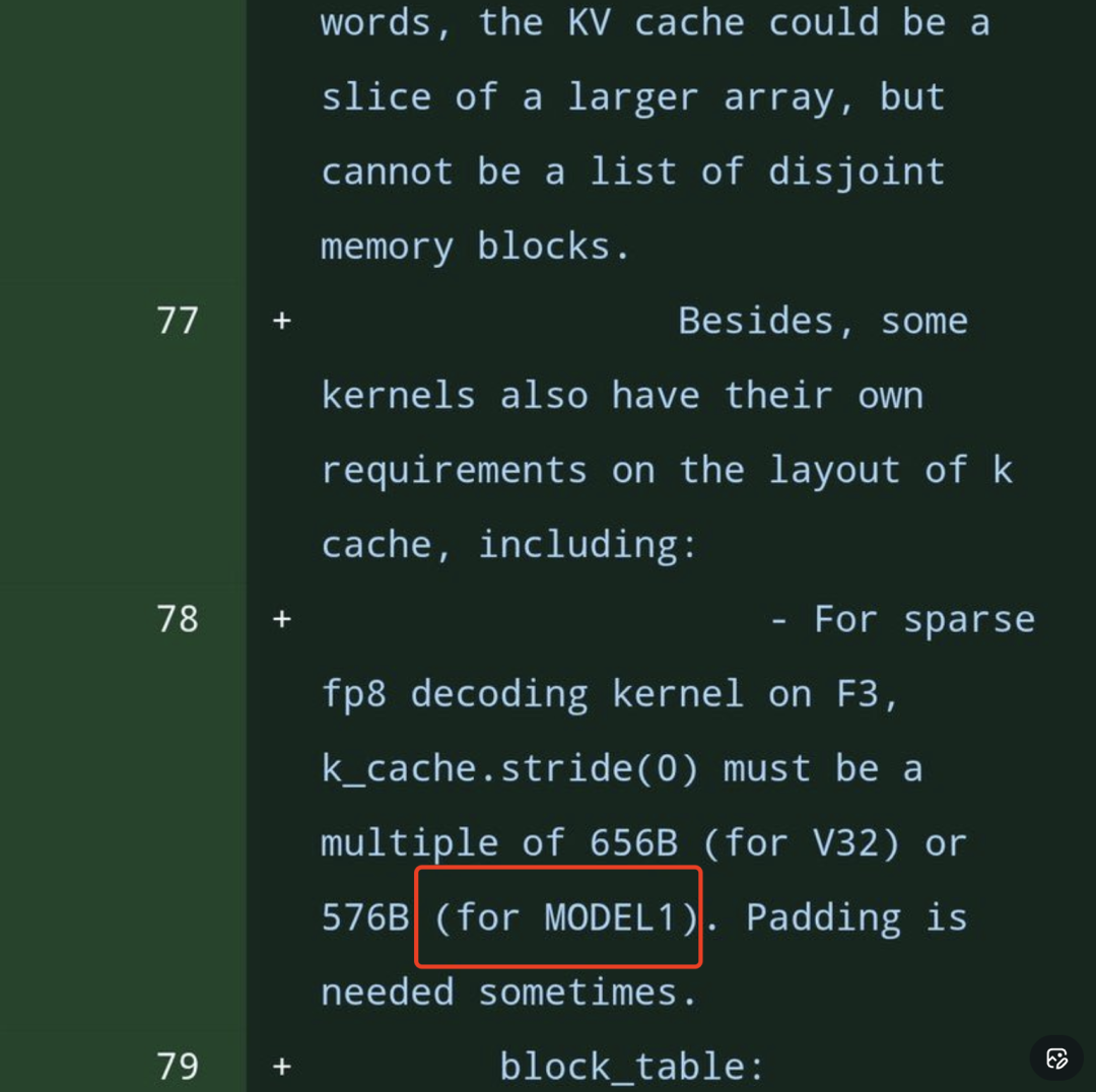 KV缓存布局要求代码片段，标注MODEL1对齐参数