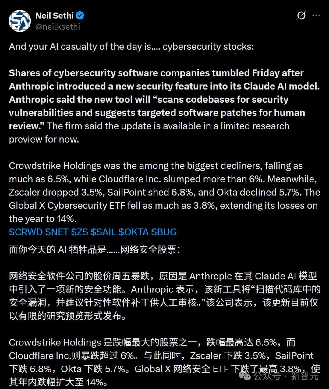 用户Neil Sethi发布的关于网络安全股下跌的推文详细截图