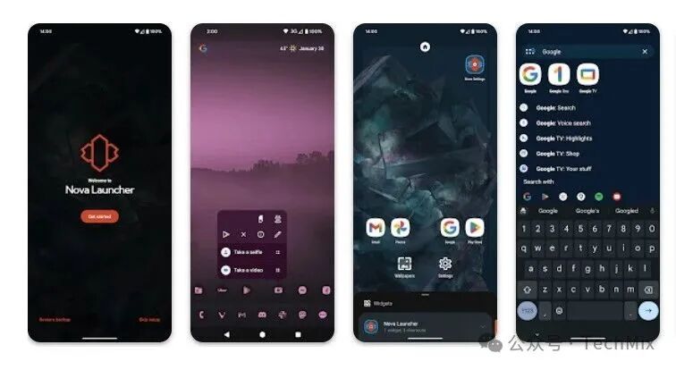 四张并列的安卓手机界面截图，分别展示了Launcher启动器、录屏悬浮窗、主屏幕和搜索界面