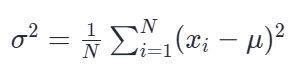 方差的计算公式:σ² = (1/N) × Σ(i=1 to N) (x_i - μ)²