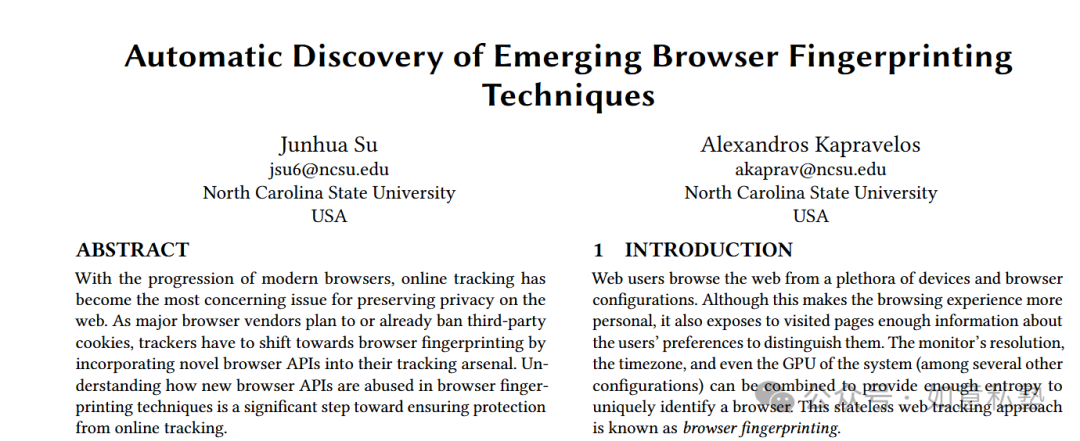 论文《Automatic Discovery of Emerging Browser Fingerprinting Techniques》封面