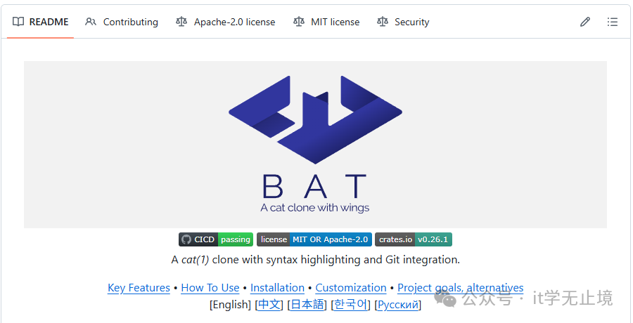 bat 命令的 GitHub README 页面截图，展示项目描述和特性