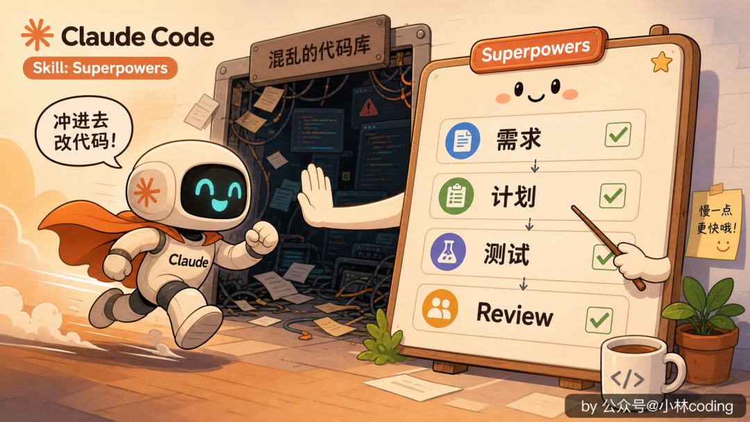 Claude Code Skill Superpowers 插画：机器人冲进混乱代码库按需求计划测试Review流程工作