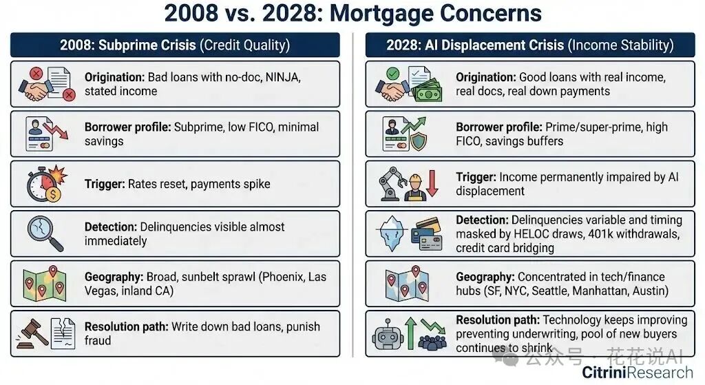 对比2008年次贷危机与2028年AI替代危机的抵押贷款问题图表