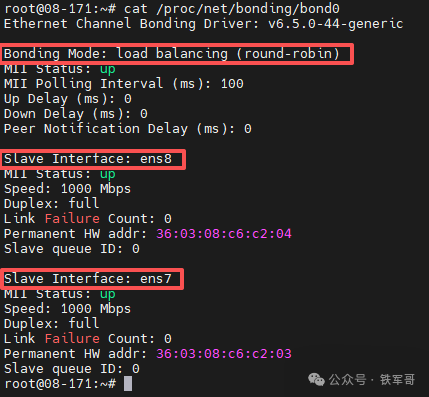 查看bonding驱动状态与从接口信息