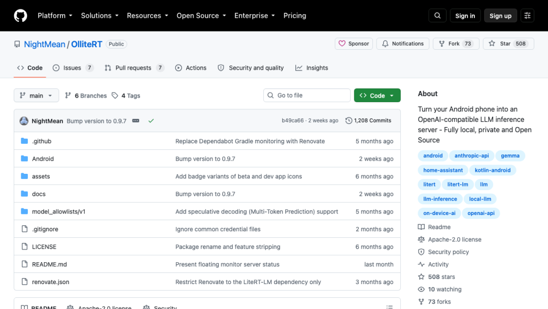 OlliteRT GitHub 仓库页面,展示 Star、Fork 与文件结构