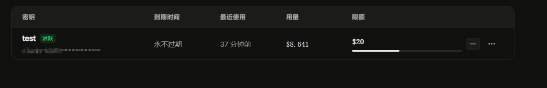 API密钥管理界面,展示了test密钥的用量和限额信息