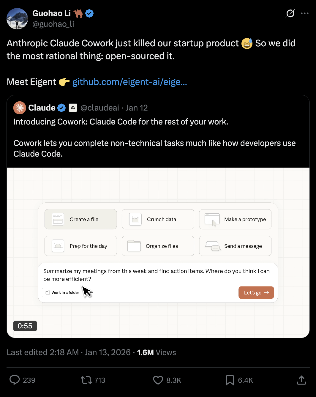 Guohao Li 发布的关于Eigent的推文