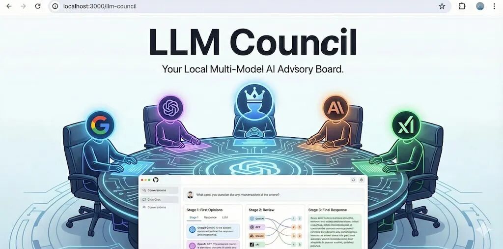 LLM Council 多模型协作界面与 AI 委员会形象图