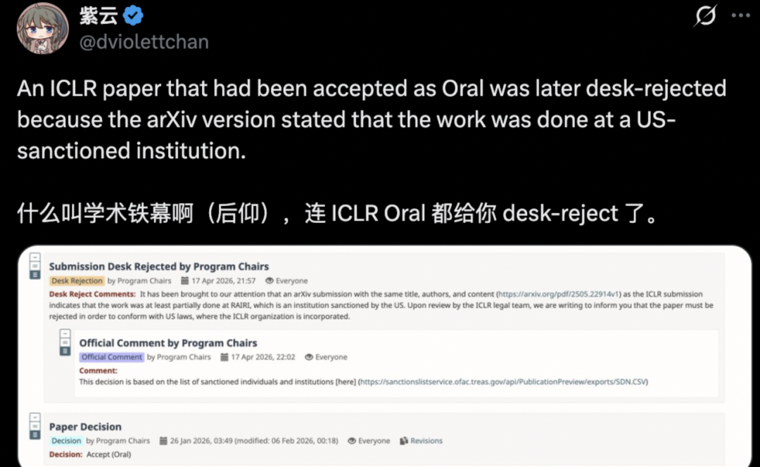 社交媒体截图显示 ICLR 拒稿通知