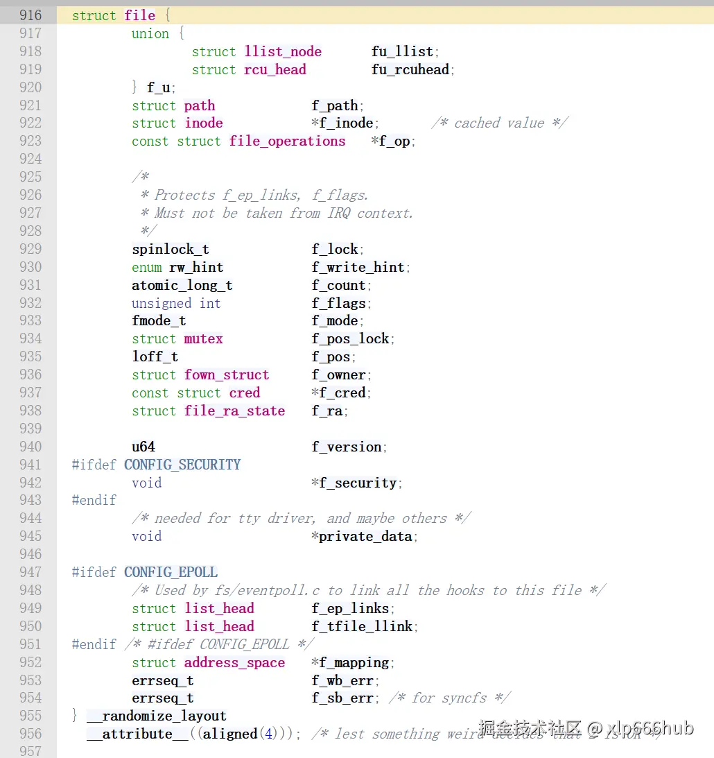 struct file 结构体源码定义，包含 f_op、f_pos、f_flags、private_data 等关键成员，行号 916-956