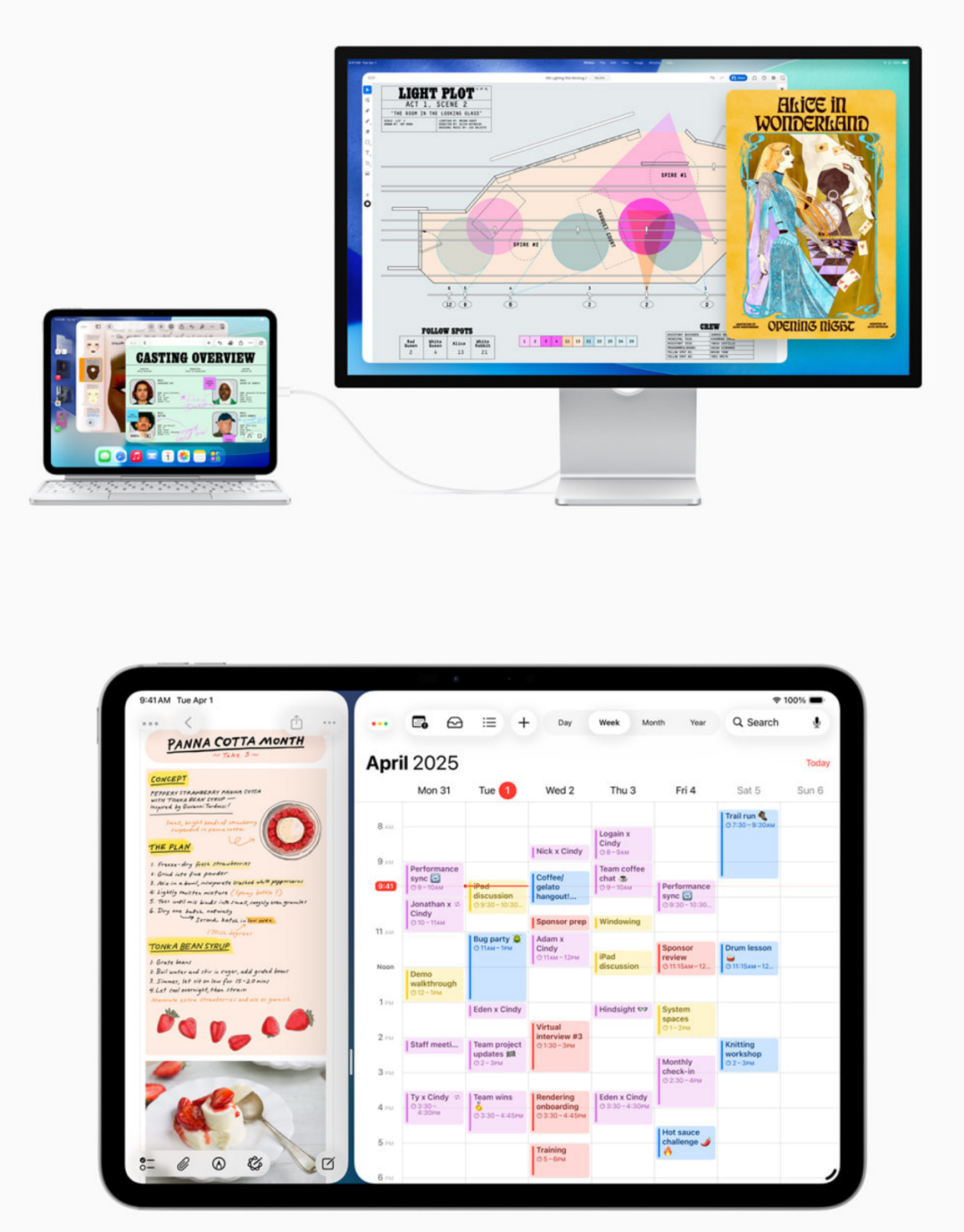 iPad与MacBook多任务协作场景,展示苹果生态生产力