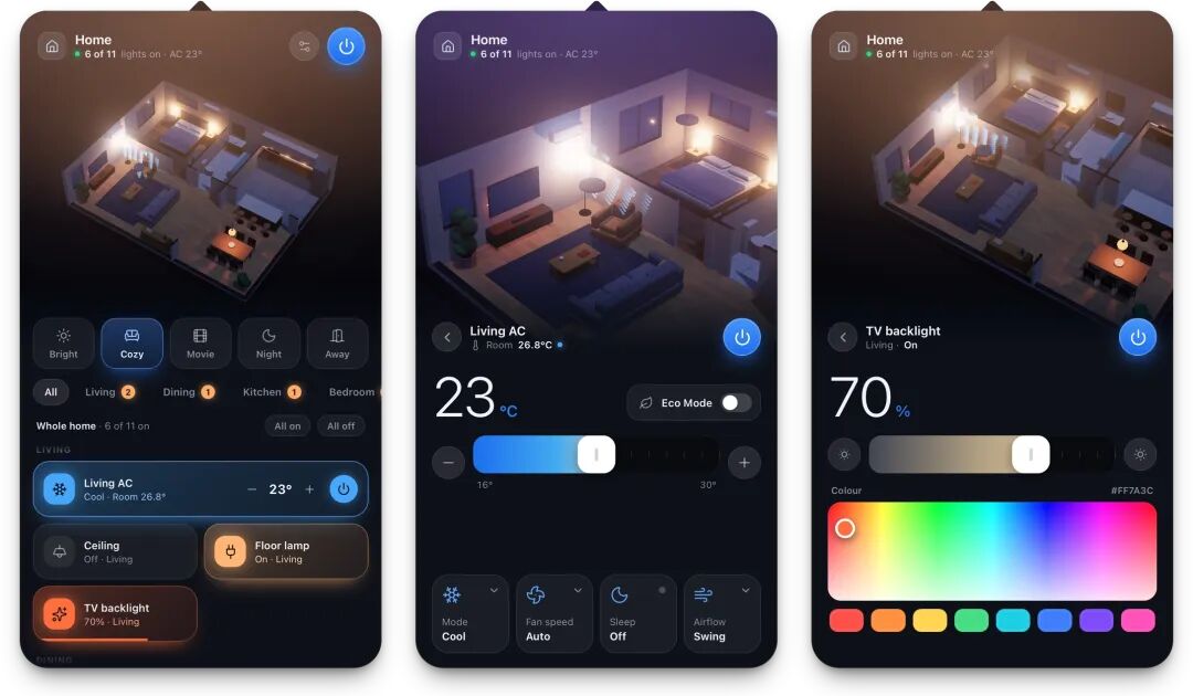 House Control 手机端实时 3D 户型总控与设备控制界面