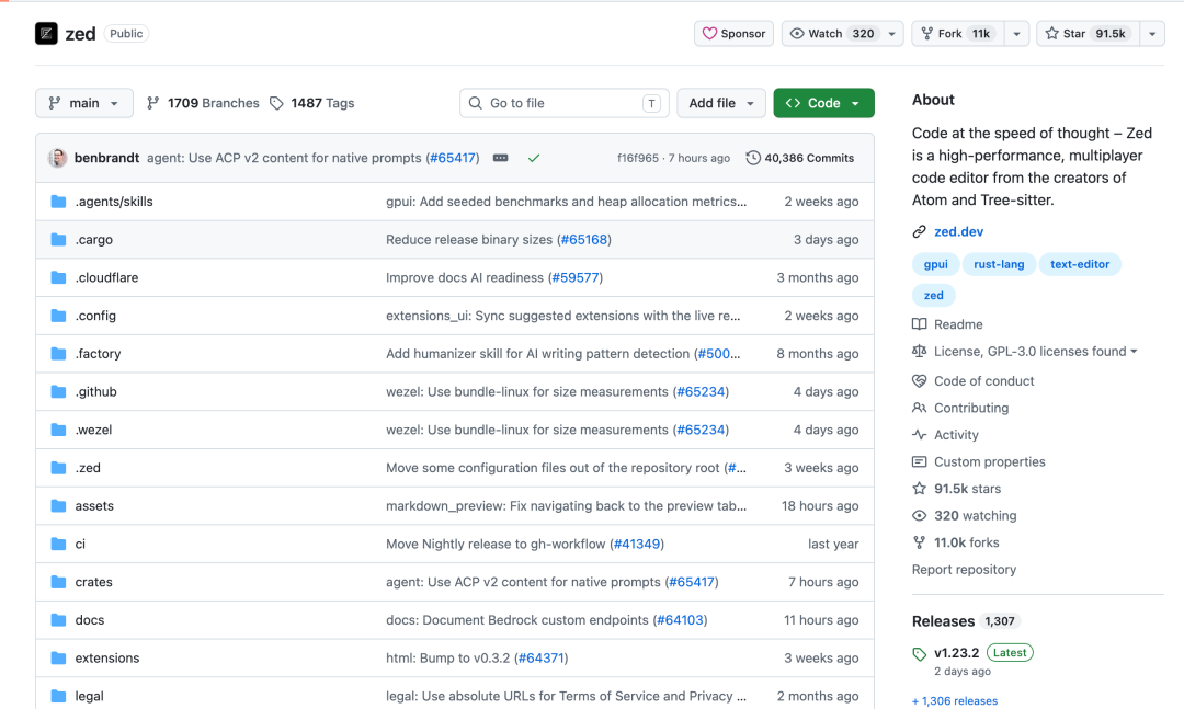 Zed GitHub 仓库页面,展示高性能多人协作代码编辑器信息