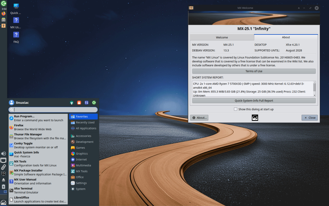 MX Linux 欢迎窗口与系统信息截图