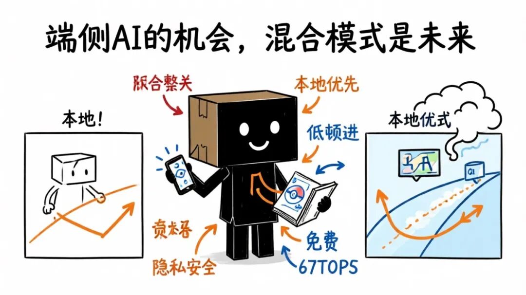 端侧AI混合模式科普插画:本地优先、低延迟、隐私安全与免费