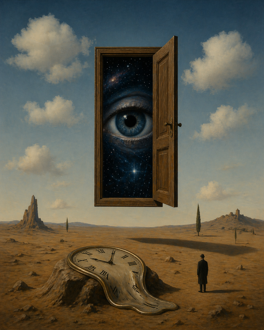 超现实主义沙漠门与眼睛