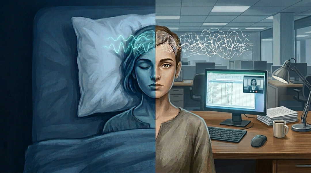 睡眠与清醒状态下大脑活动的对比,左侧为女性睡眠时脑波平缓的插画,右侧为同一女性在办公室工作、脑波杂乱并面对电脑屏幕多任务处理的插画