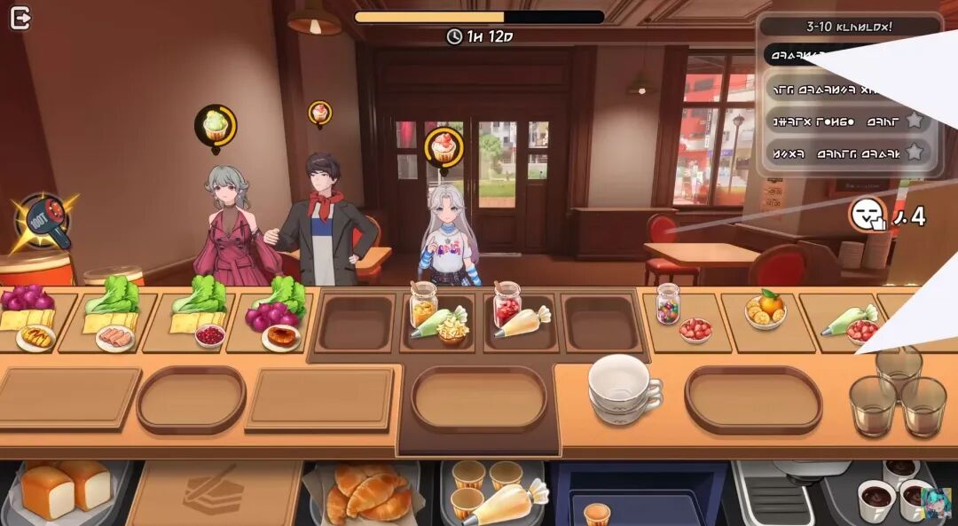 异环游戏截图：咖啡馆或餐厅的柜台场景，角色与各种食材、餐具互动