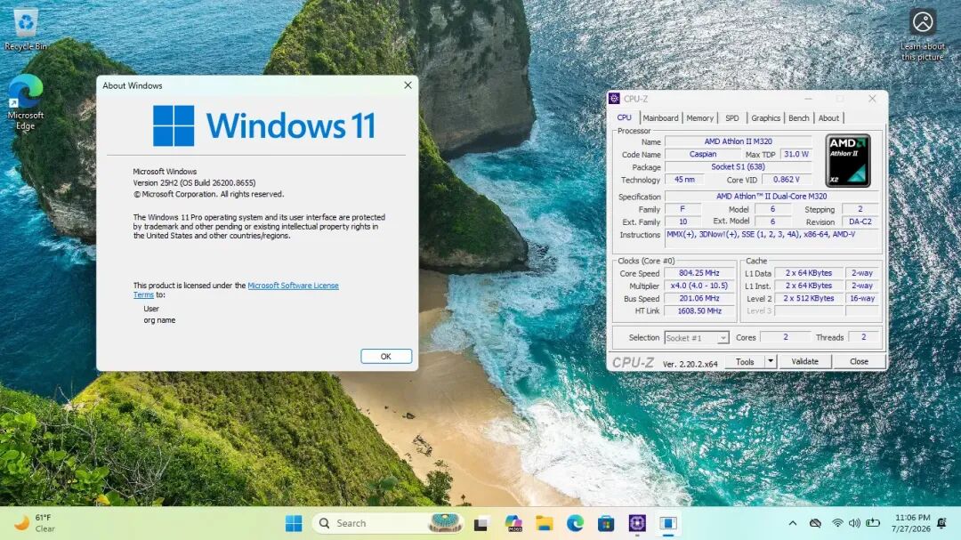 Windows 11系统信息与CPU-Z检测老款AMD Athlon II M320处理器截图