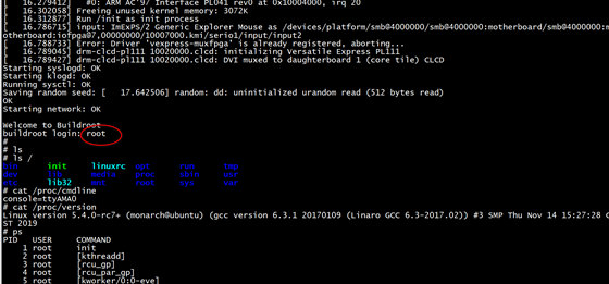 Linux 内核启动完成,显示 Welcome to Buildroot 及 buildroot login 提示
