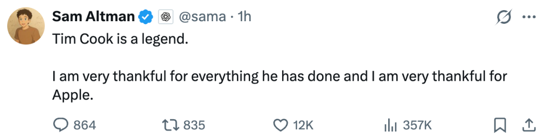 Sam Altman称赞库克的推文