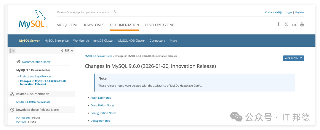 MySQL 9.6.0 官方发布说明页面