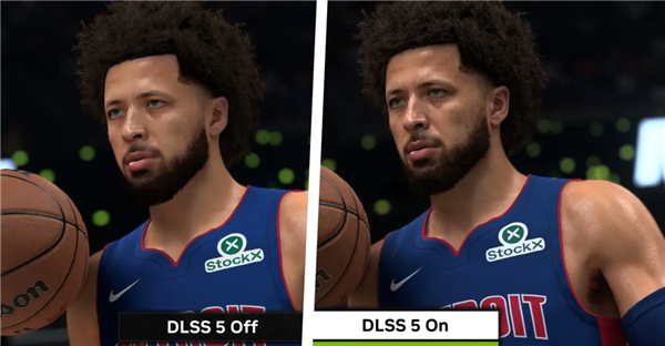 DLSS 5 开启前后画质对比:球员面部细节与皮肤纹理更清晰