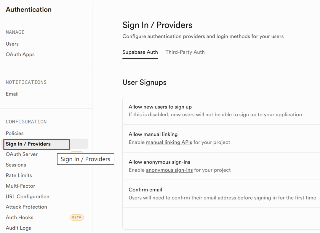 Supabase认证提供者配置主界面