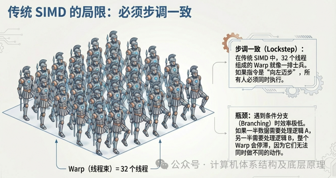 传统SIMD的局限：线程必须步调一致