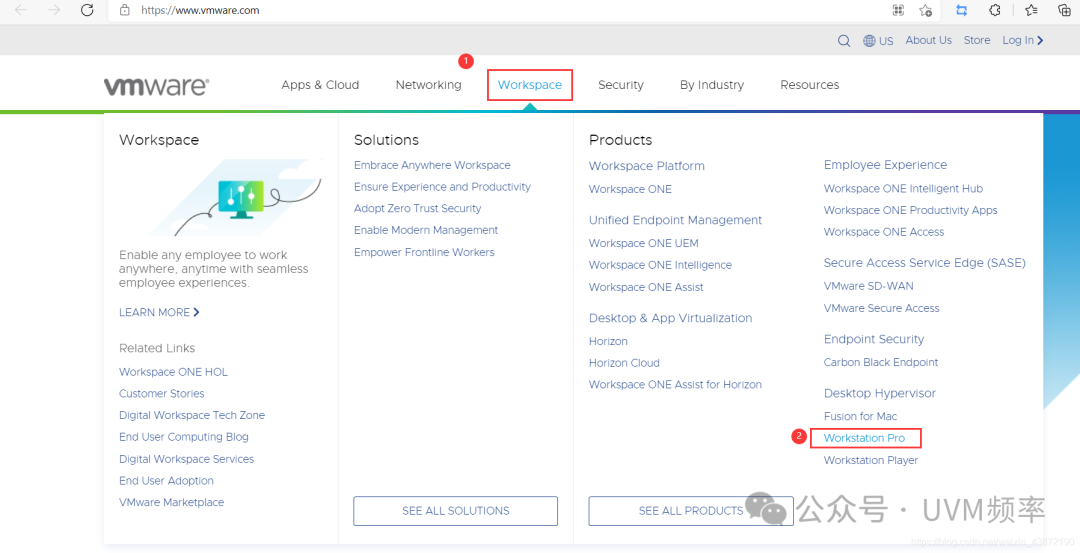 VMware官网Workspace页面，选择Workstation Pro产品