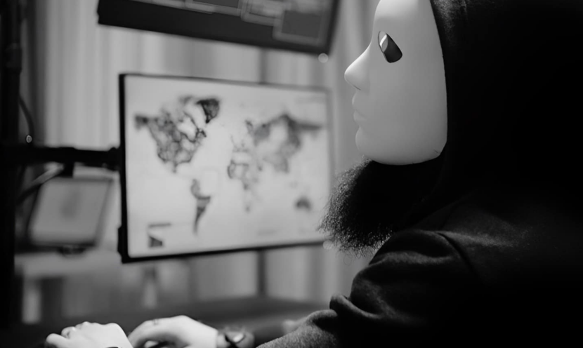 戴着面具的神秘人物在操作电脑