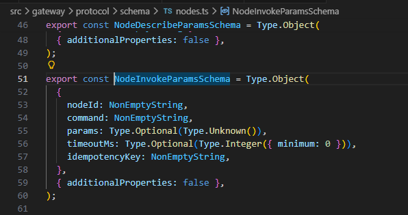 `NodeInvokeParamsSchema` 定义,params为Type.Unknown()