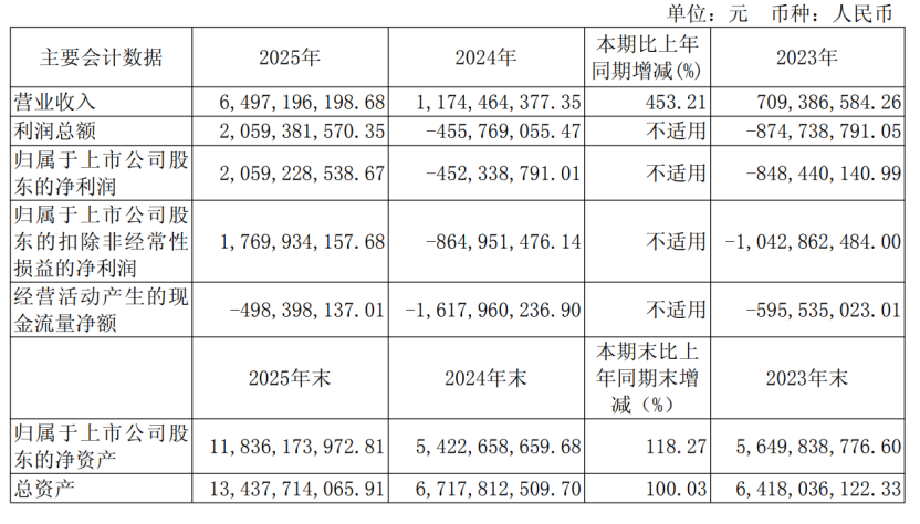 寒武纪2025年主要财务数据表格