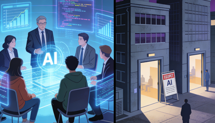 左右分屏插画：左为AI演讲场景，右为夜晚的AI招牌店铺