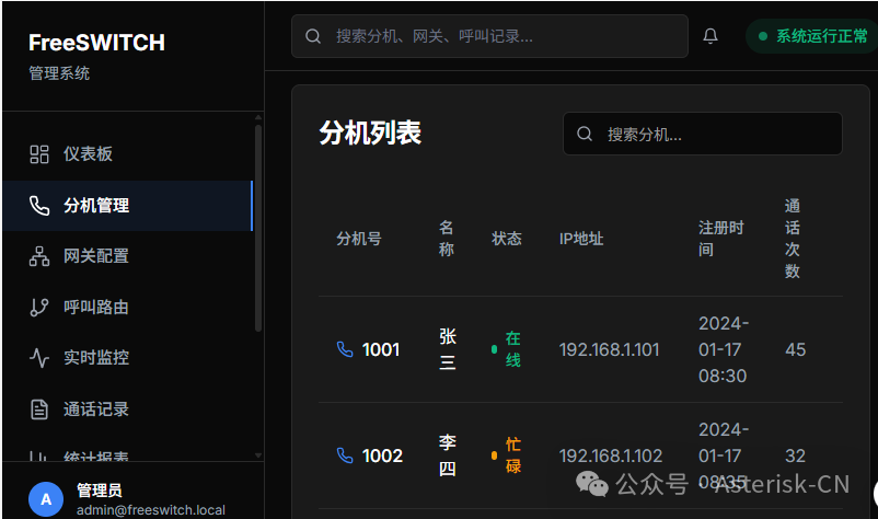FreeSWITCH管理系统分机列表界面